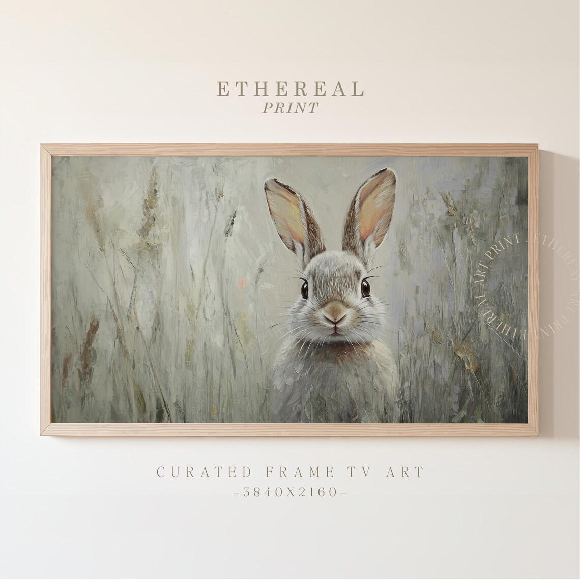 Gray White Rabbit Portrait In Tall Grass Vintage Rabbit Art Print