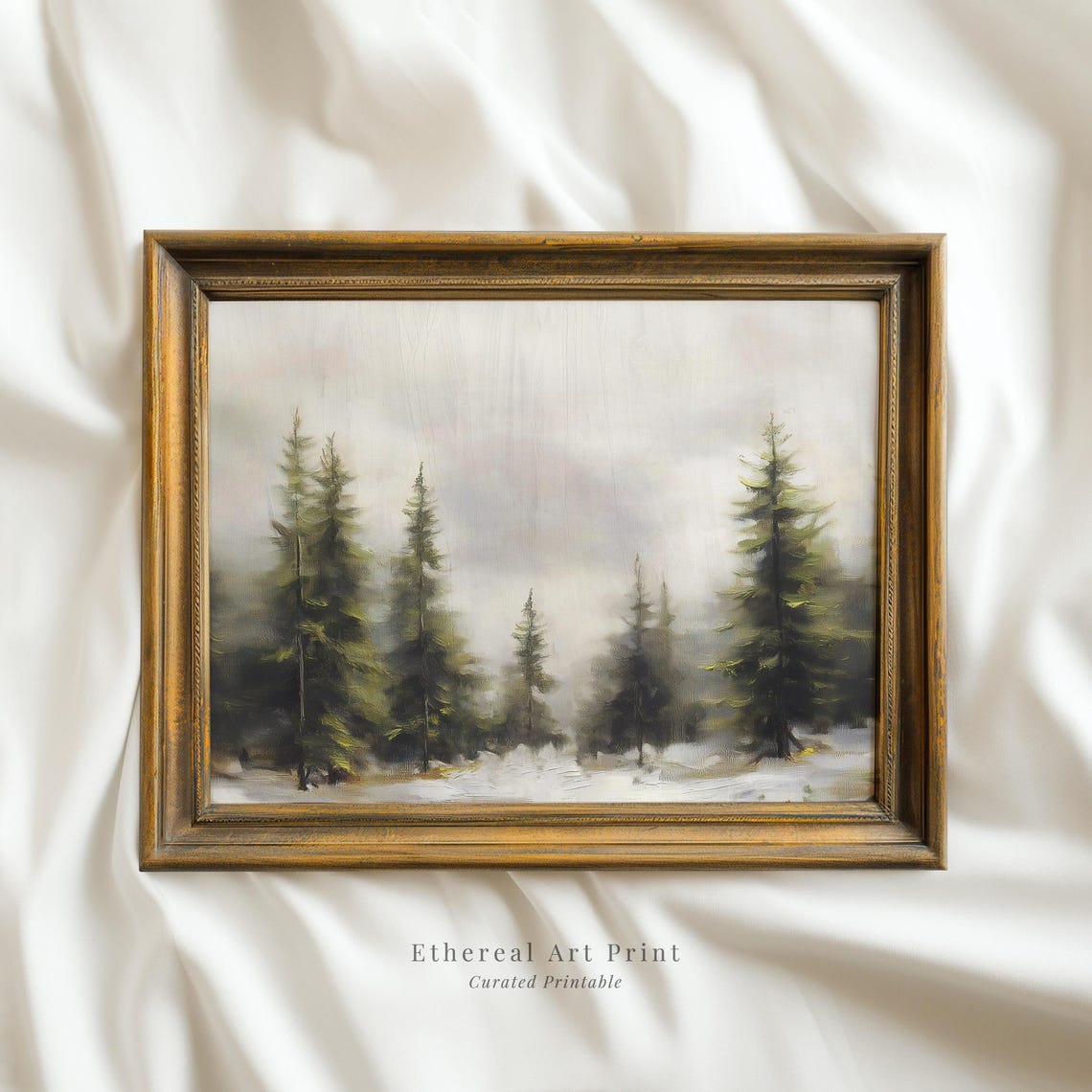 Misty Evergreen Pines Snowy Quiet Winter Forest Painting Wall Art