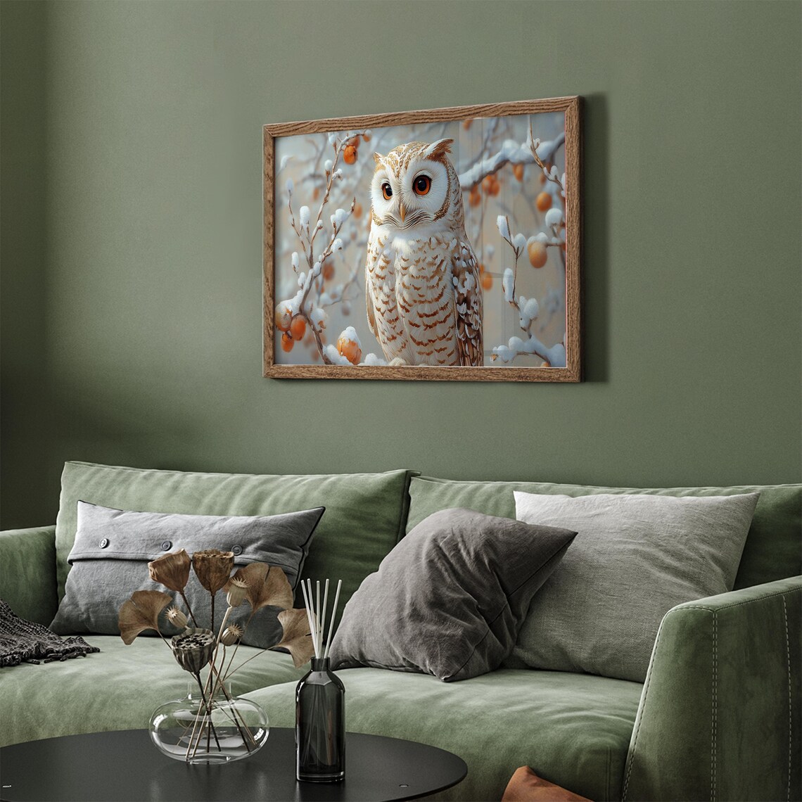Beautiful Speckled Owl Snowy Branch Orange Berries Wildlife Print - Image 3