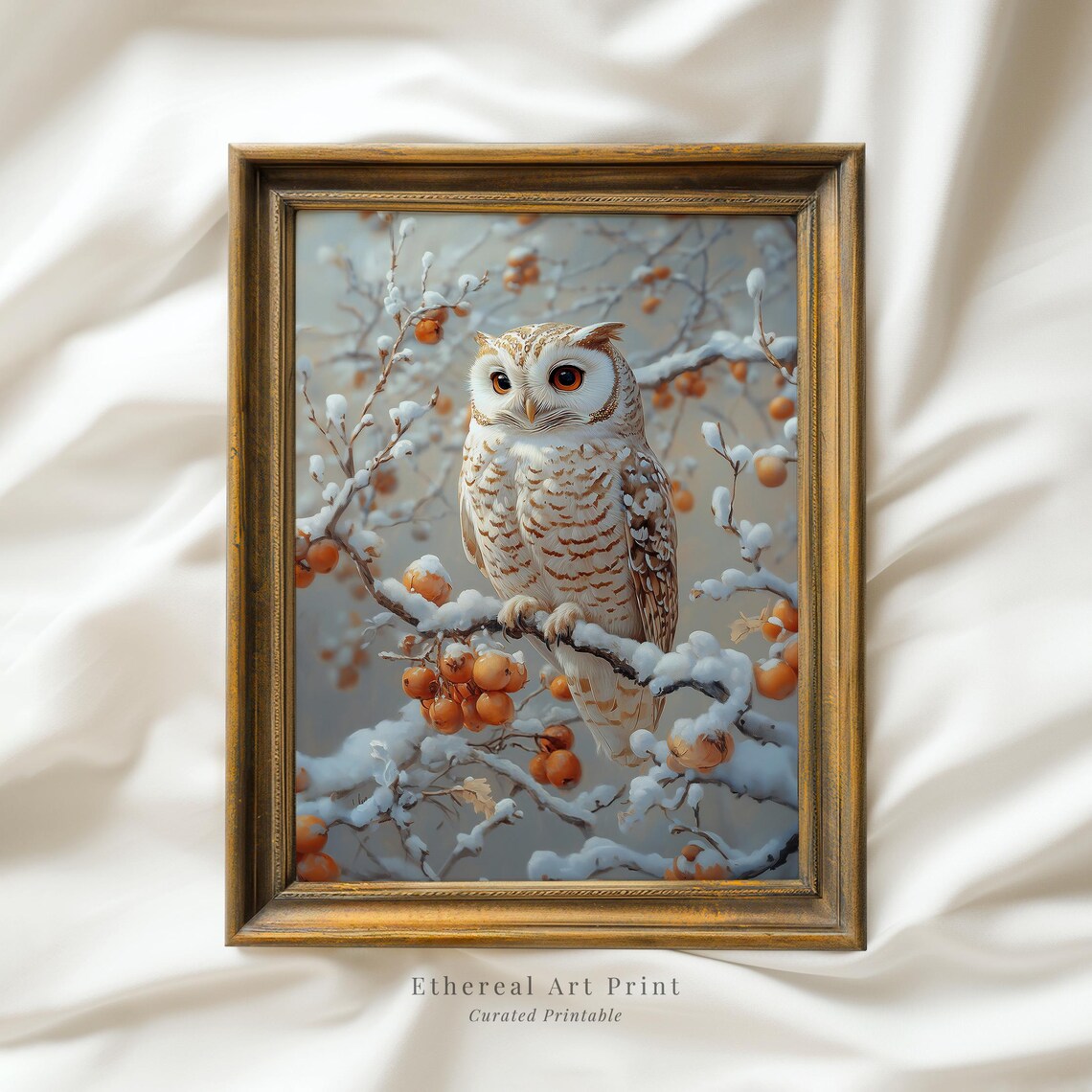 White Owl Snowy Branch Winter Berries Wildlife Portrait Wall Art