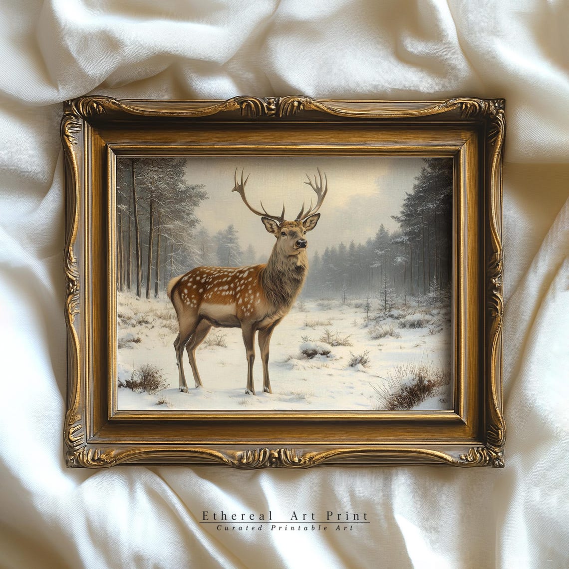 Spotted Fallow Deer Stag Snowy Pine Forest Winter Oil Painting Print - Image 3