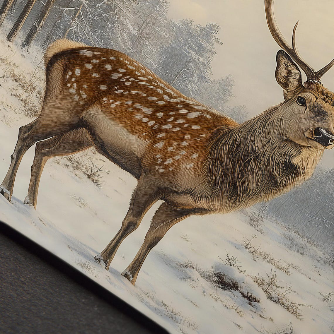 Spotted Fallow Deer Stag Snowy Pine Forest Winter Oil Painting Print - Image 4
