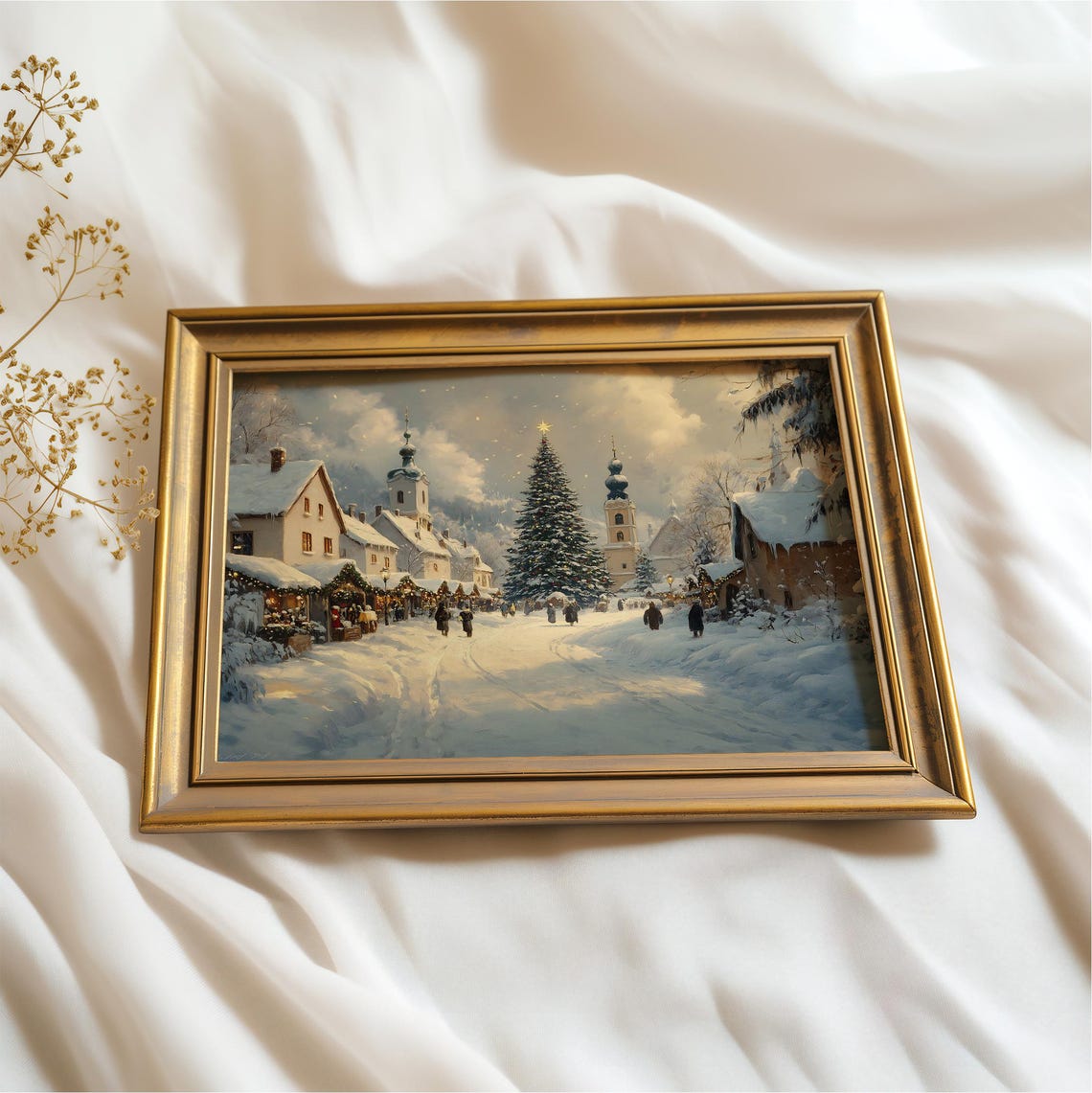 Snowy Christmas Village Square Big Tree Vintage Holiday Art Print - Image 2