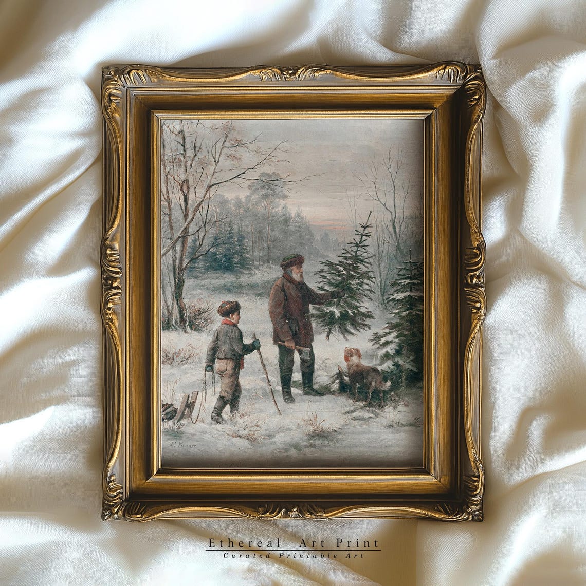 Cutting The Christmas Tree Vintage Winter Forest Oil Painting Print - Image 3