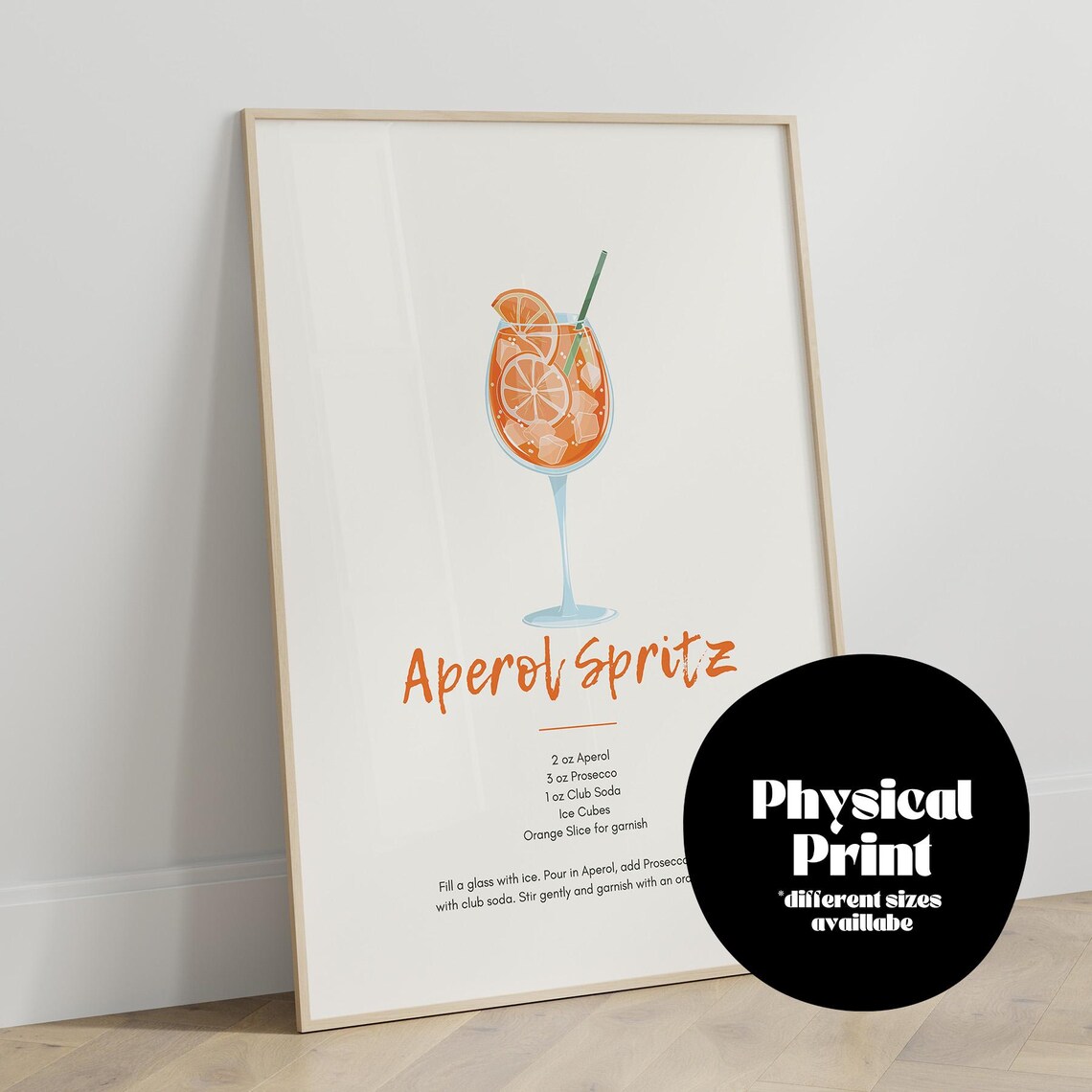 Aperol Spritz Art Print, Minimalist Retro Cocktail