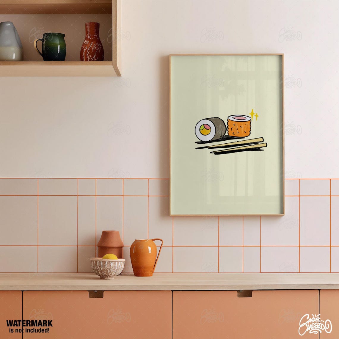 Cute Sushi Roll Illustration Chopsticks Minimalist Kitchen Poster