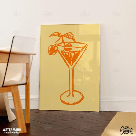 Orange Martini Glass Cherries Mustard Yellow Cocktail Bar Poster