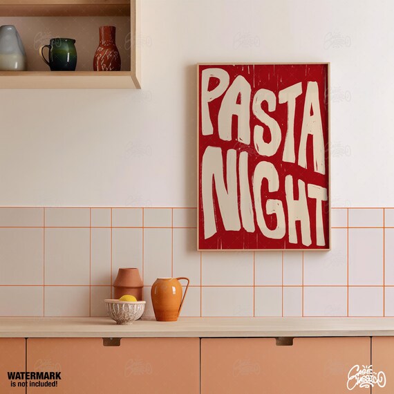 Pasta Night Bold Red Cream Chunky Typography Kitchen Poster Decor