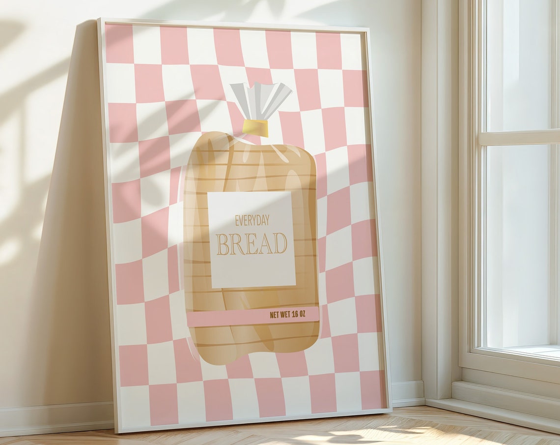 Everyday Bread Bag Illustration Pink Checkered Kitchen Art Poster