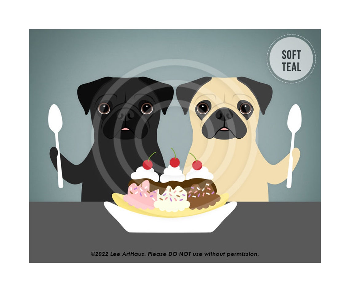Pug Pair Sharing Banana Split Sundae Funny Dog Kitchen Wall Art Poster - Image 4