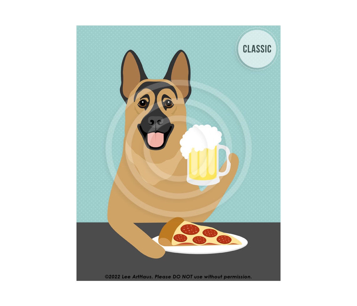 German Shepherd Beer And Pepperoni Pizza Party Funny Dog Art Poster