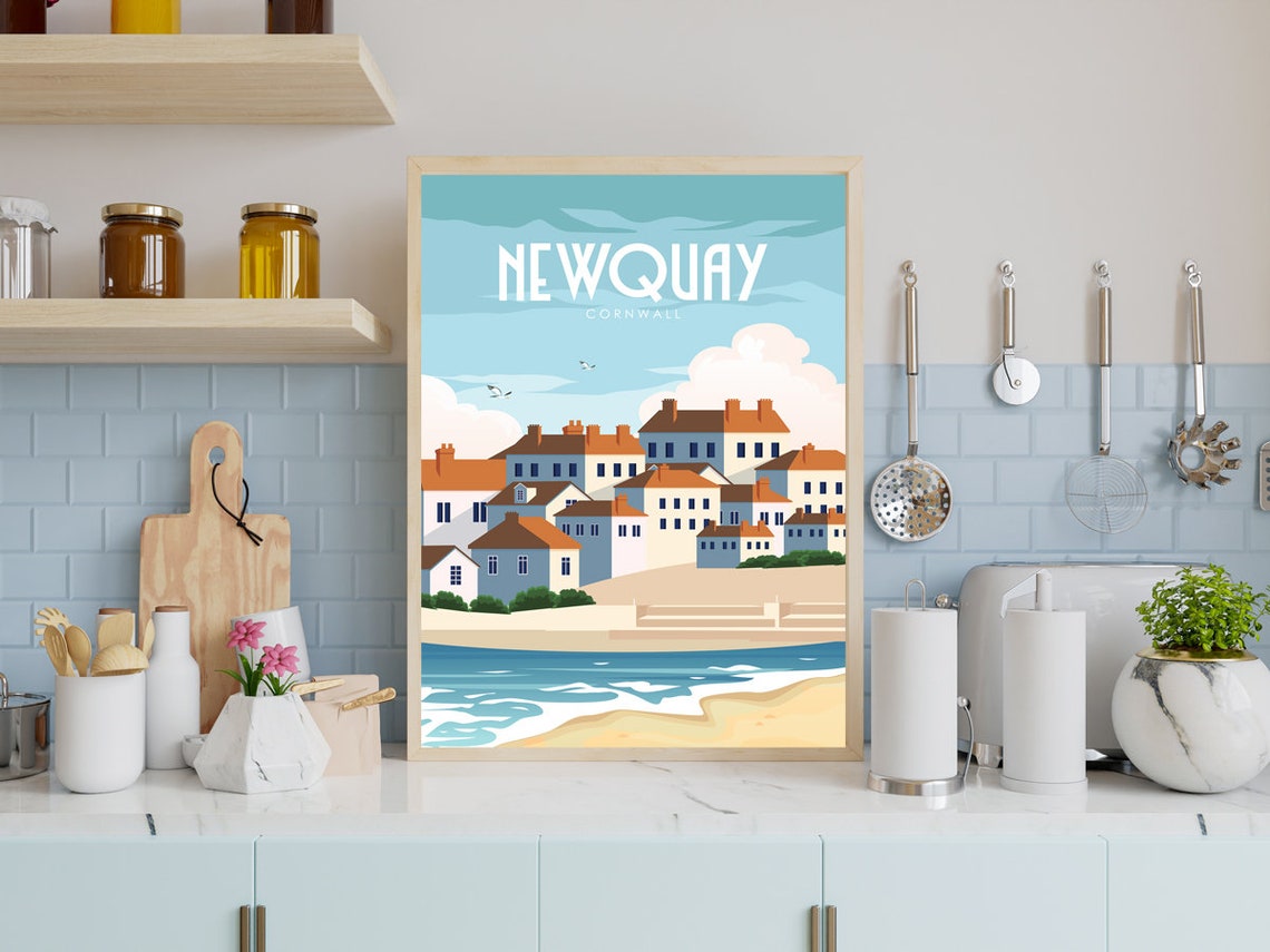 Newquay Cornwall Harbour Cottages Beach Waves Retro Travel Poster - Image 2
