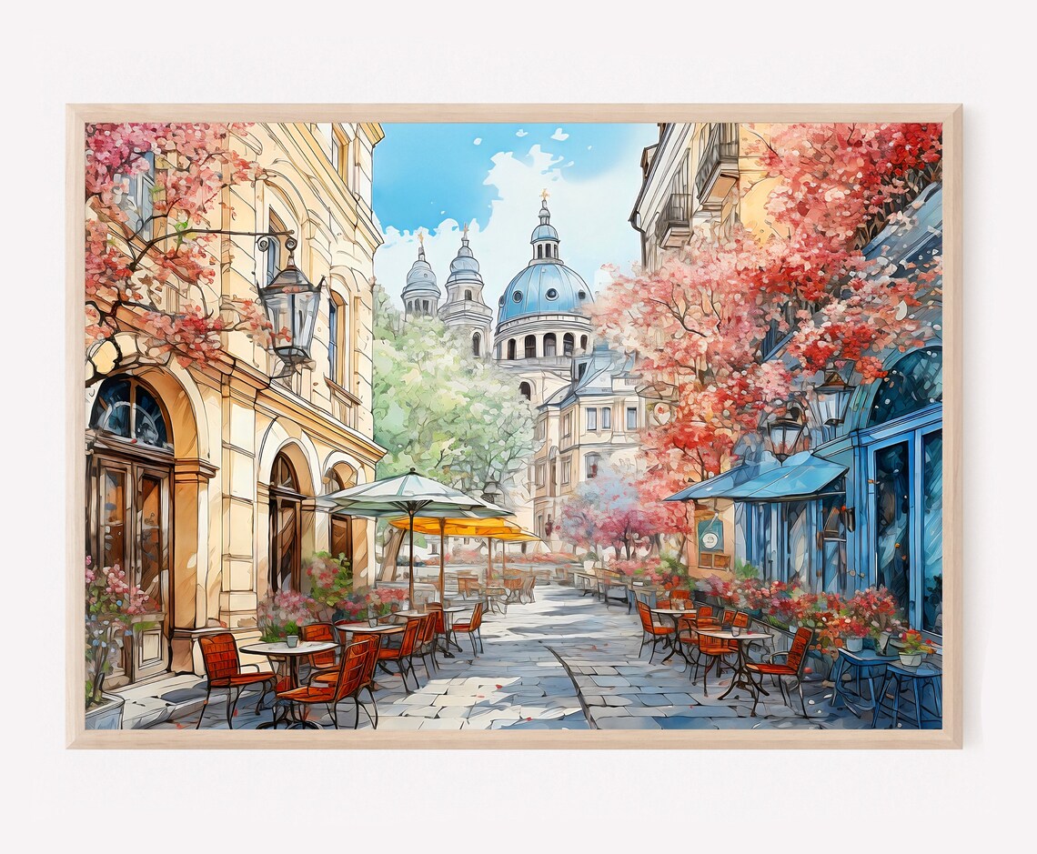 Paris Cafe Street Blooming Trees Domed Church Watercolor Poster