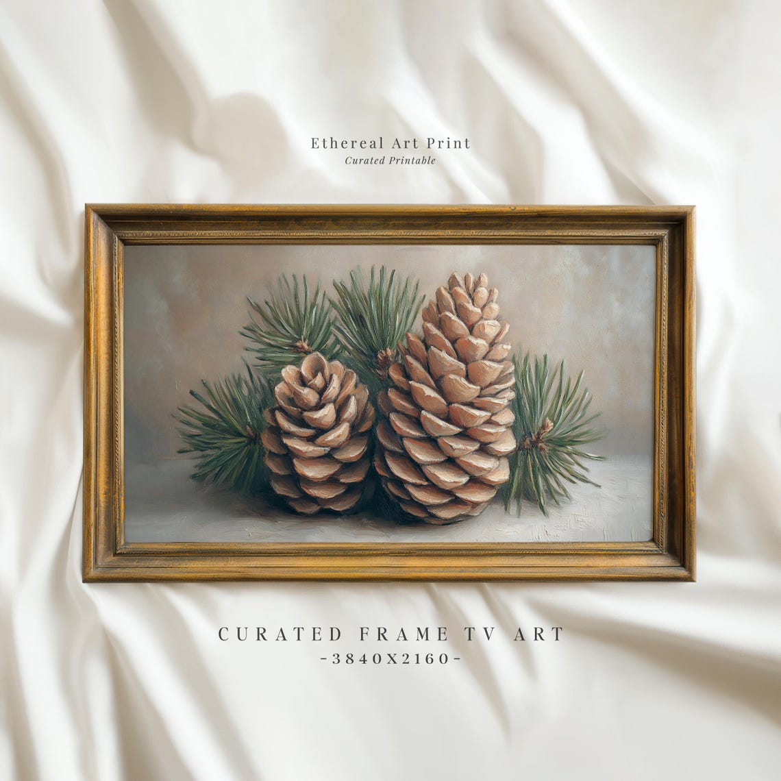 Pine Cone Pair With Evergreen Sprigs Vintage Botanical Art Print