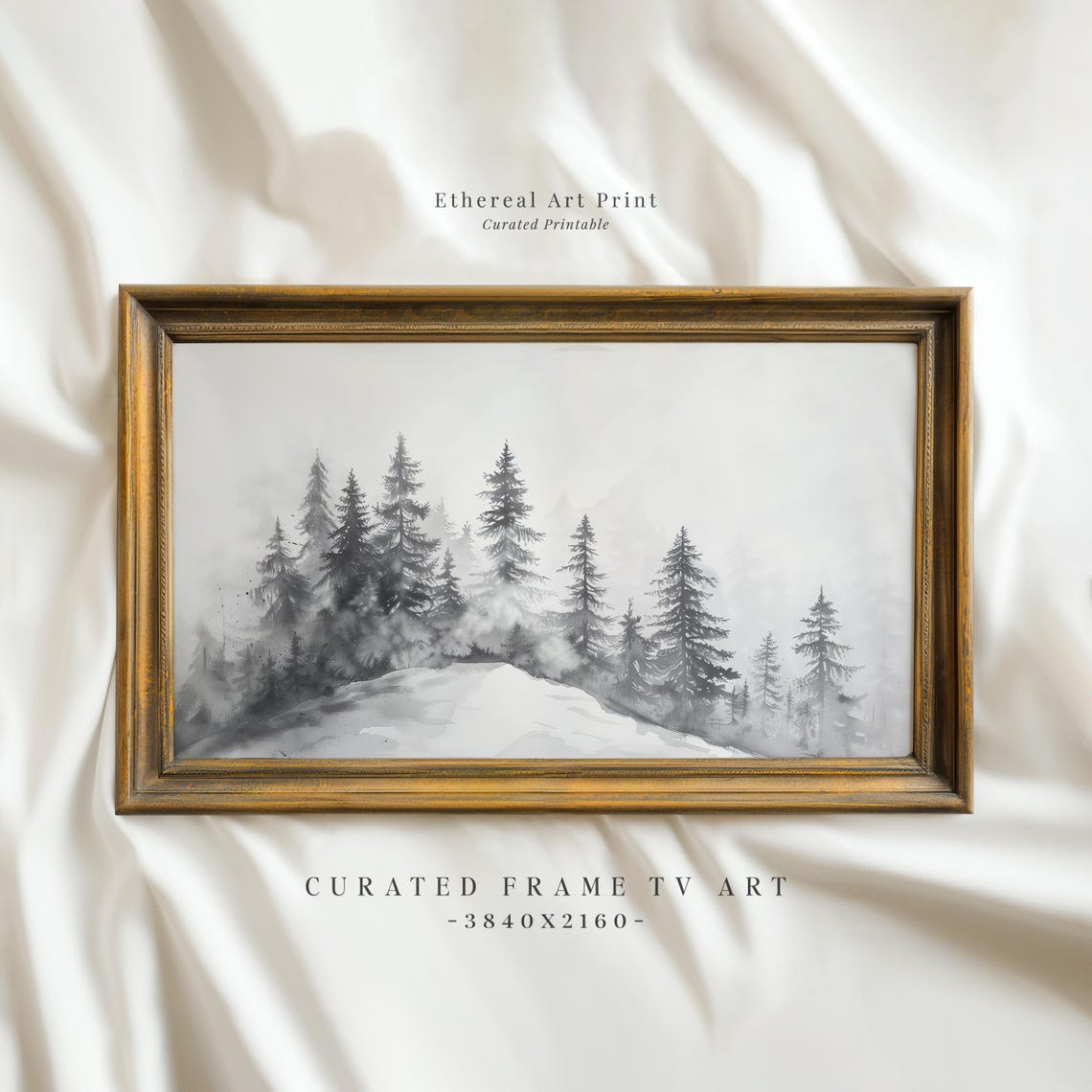 Misty Gray Pine Forest Sketch Snowy Winter Trees Foggy Wall Art