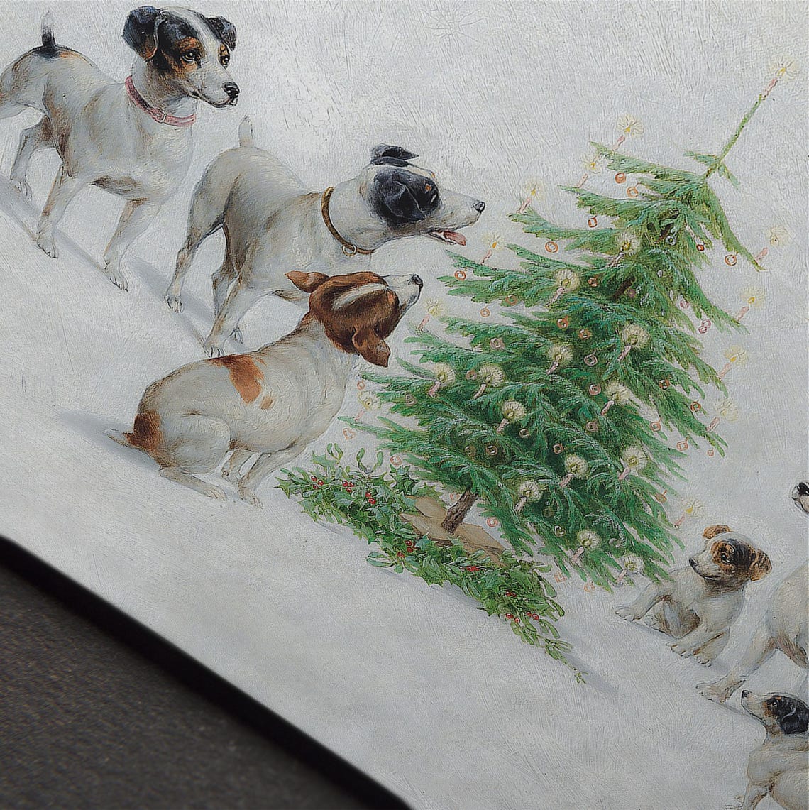 Dogs Around Christmas Tree Vintage Holiday Puppy Oil Painting Print - Image 4