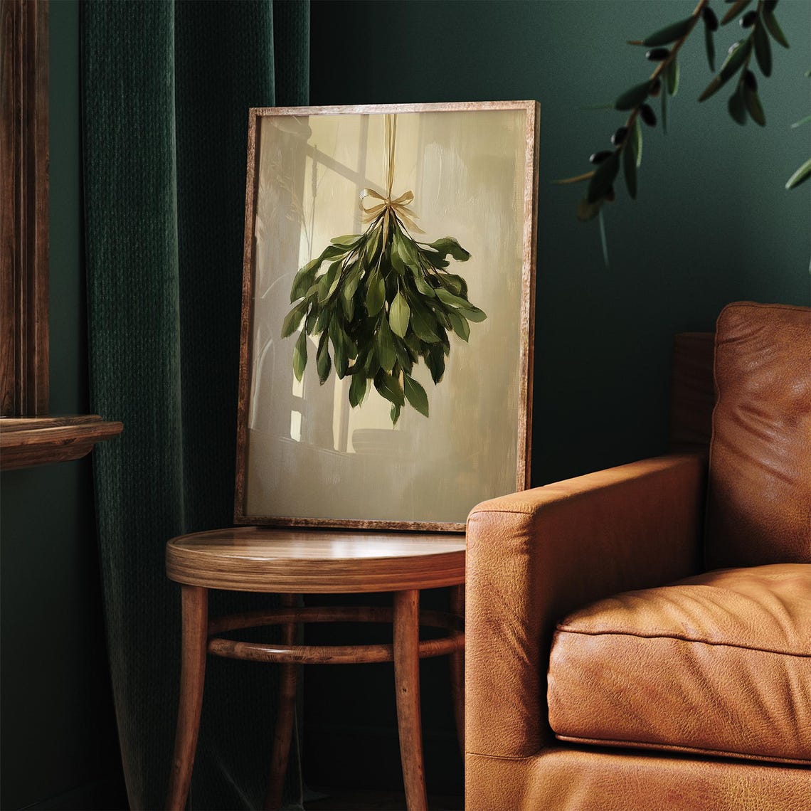 Hanging Mistletoe Oil Painting Vintage Christmas Greenery Art Print - Image 2