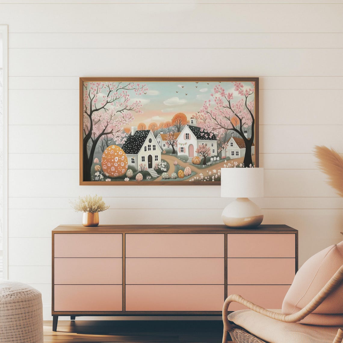 Cherry Blossom Village With Decorated Easter Eggs Spring Folk Wall Art - Image 2