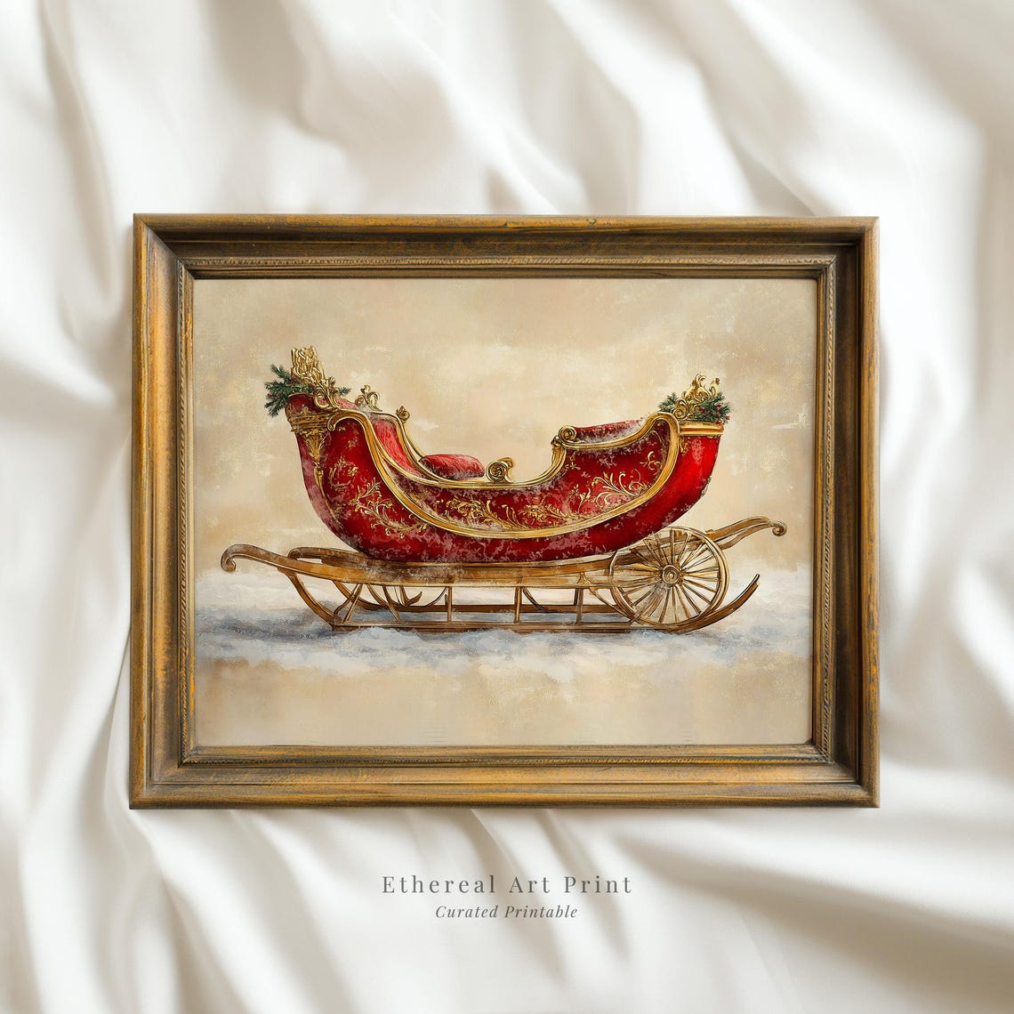 Vintage Red Gold Ornate Christmas Sleigh Snow Painting Wall Art