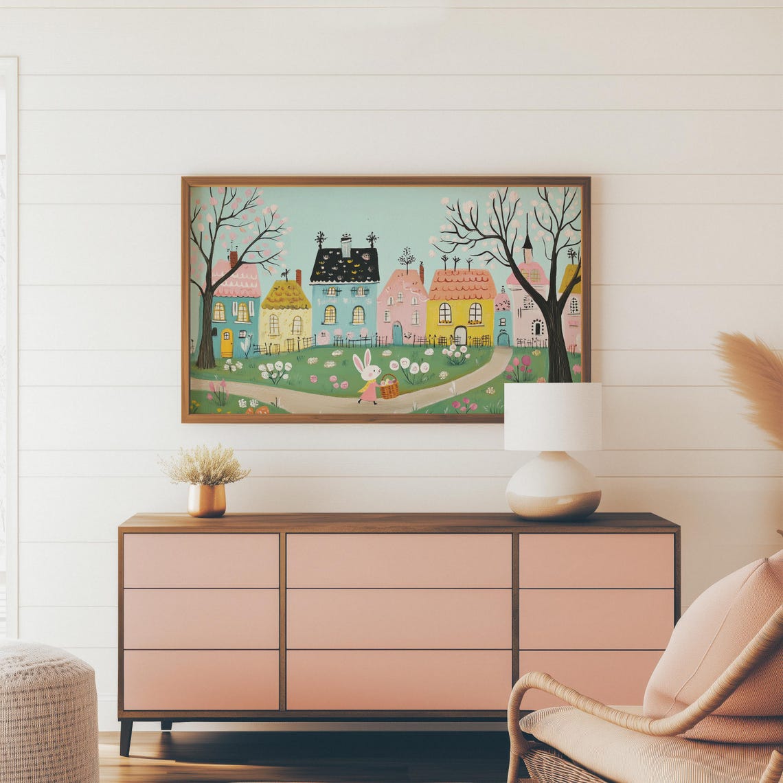 Pastel Easter Village With Picket Fences Bunny Spring Folk Print - Image 4