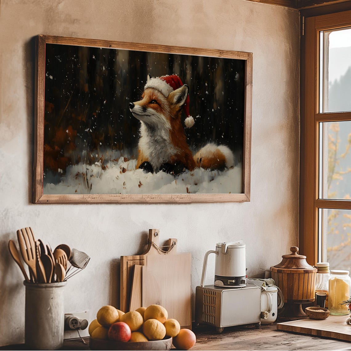 Red Fox Wearing Santa Hat In Snowy Forest Moody Christmas Print - Image 2