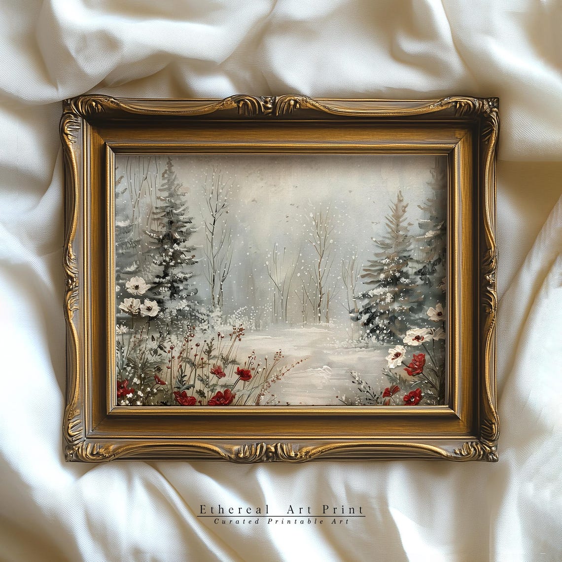 Snowy Winter Forest With Wildflowers Vintage Landscape Painting Print - Image 2