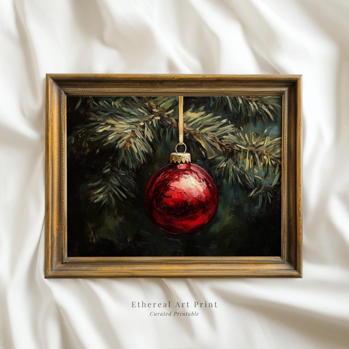Red Bauble Ornament Dark Evergreen Branch Christmas Painting Wall Art