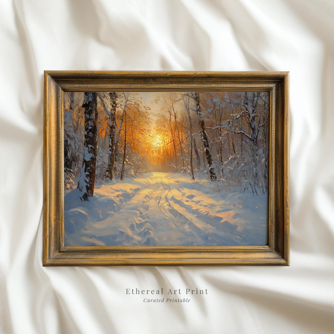Golden Sunset Over Snowy Birch Forest Winter Glow Oil Art Print