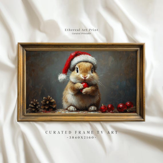 Baby Rabbit In Santa Hat Painting Frame Tv Art Nursery Christmas Decor Vintage Bunny Frame Tv Cute Hare Xmas Screensaver