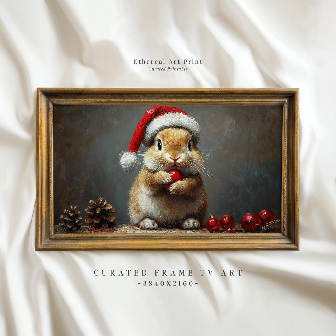 Cute Bunny Santa Hat Holding Ornament Christmas Holiday Wall Art