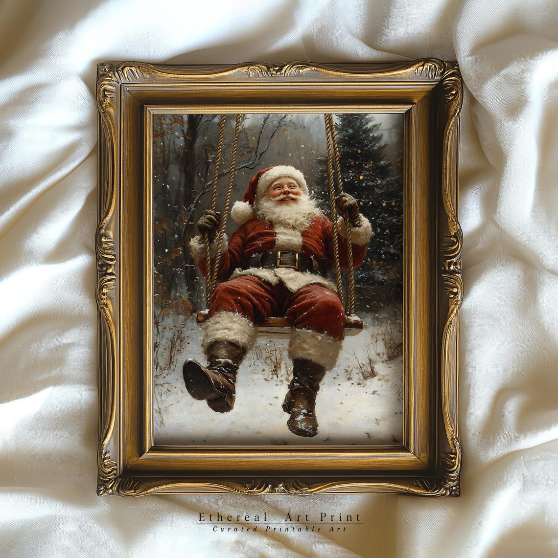 Santa Claus On Swing In Snowy Forest Christmas Painting Wall Art - Image 3