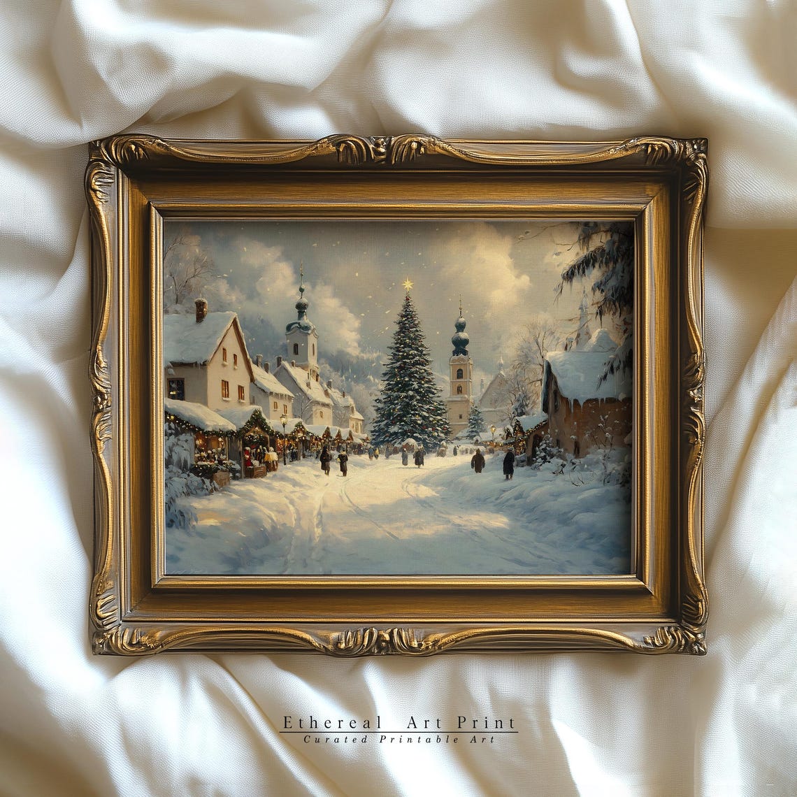 Snowy Christmas Village Square Big Tree Vintage Holiday Art Print - Image 3