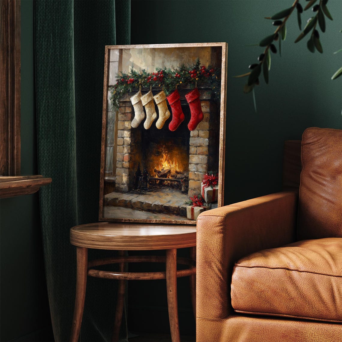Christmas Stockings Hanging Over Cozy Fireplace Oil Painting Poster - Image 2