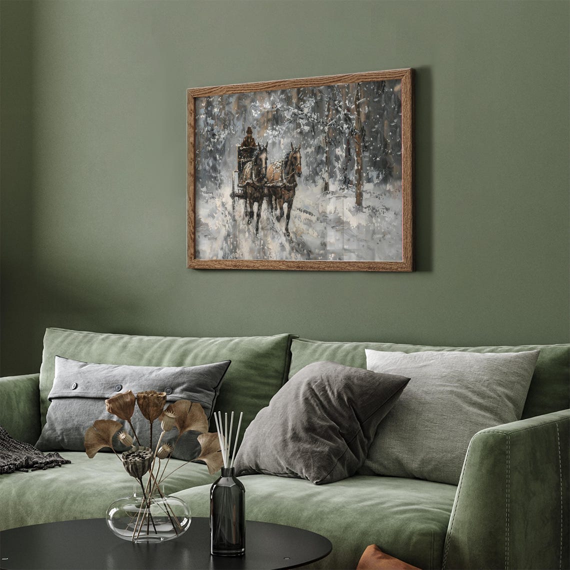 Vintage Horse Drawn Sleigh Ride Snowy Forest Painting Wall Art - Image 4