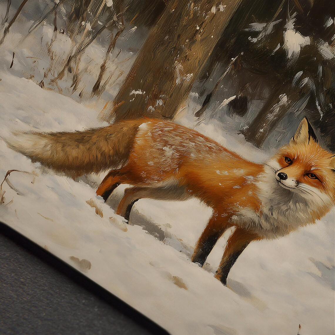 Red Fox Snowy Dark Woodland Winter Oil Painting Animal Wall Art - Image 4