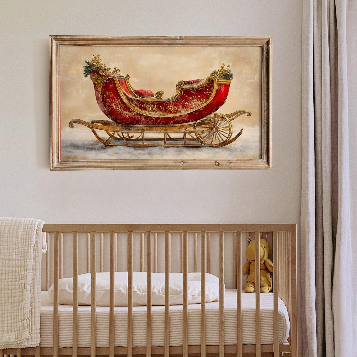 Antique Santa Sleigh Red Gold Ornate Snow Scene Painting Wall Art - Image 2