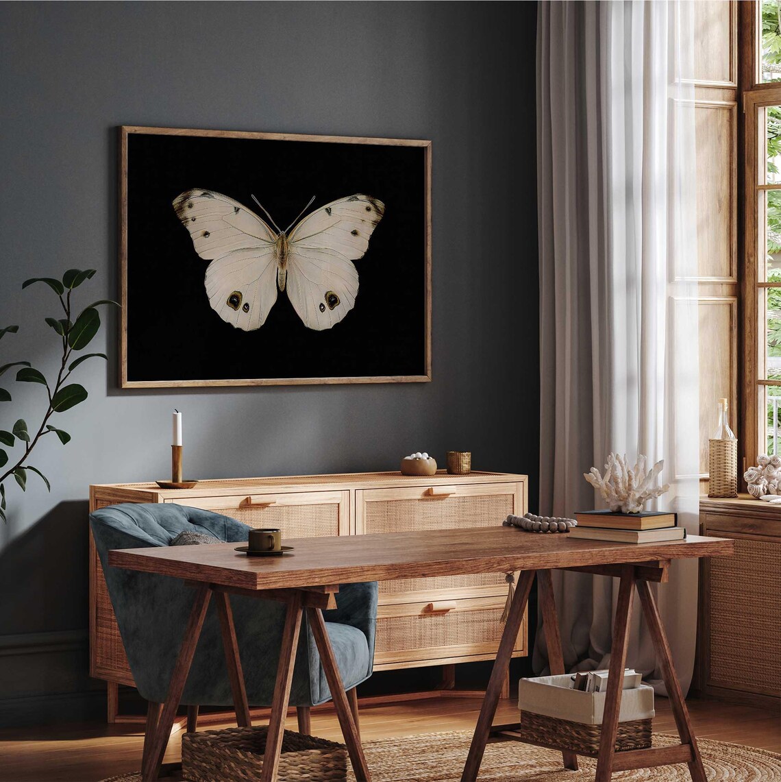 Vintage White Butterfly Print Dark Moody Insect Wall Art Moth Painting Cottagecore Decor - Image 3