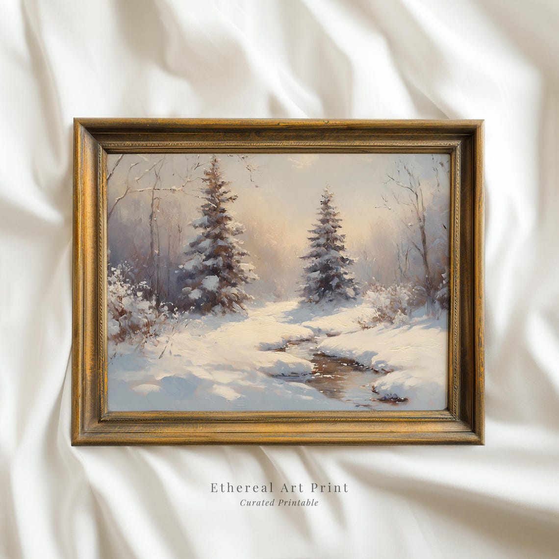 Snowy Pine Trees Frozen Creek Winter Morning Landscape Wall Art