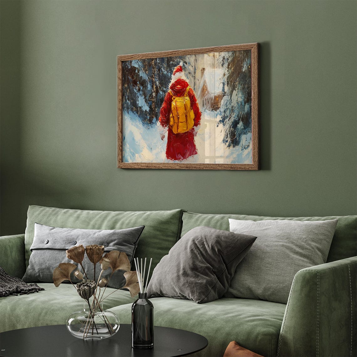 Santa Claus Walking Through Snowy Forest To Cabin Christmas Poster - Image 4