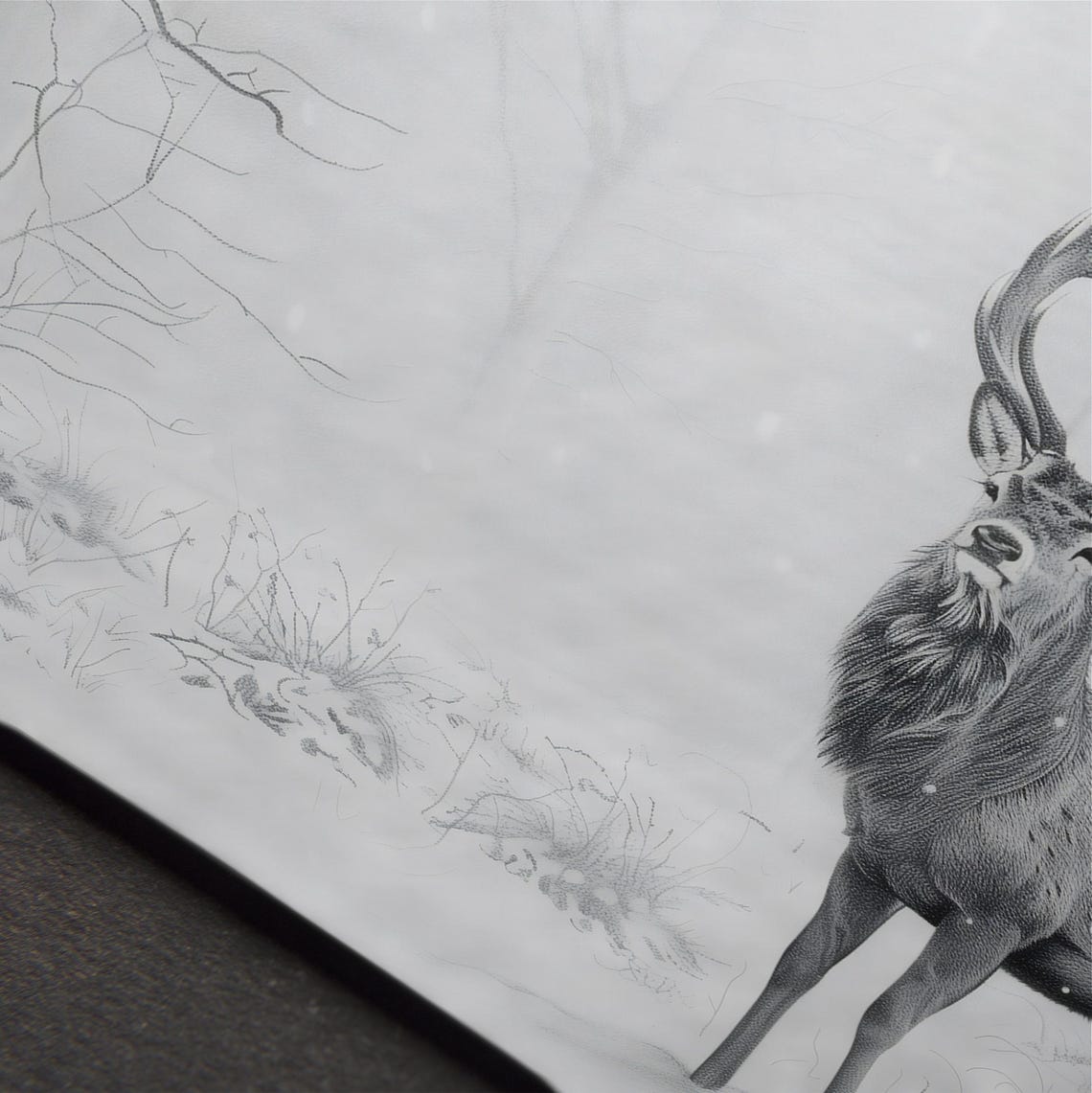 Noble Stag Standing In Snow Forest Monochrome Sketch Winter Print - Image 4