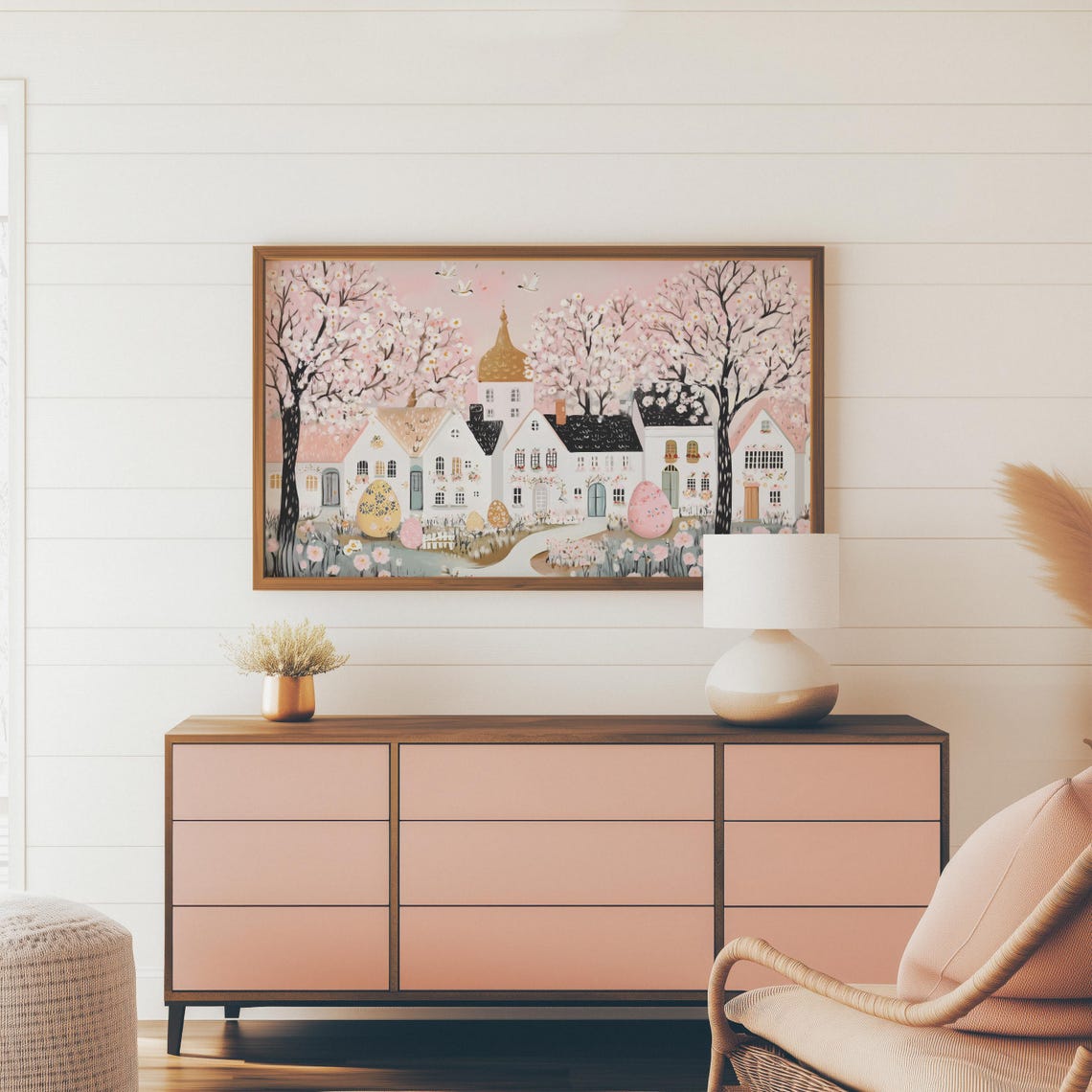 Pink Cherry Blossom Easter Village Golden Dome Church Spring Wall Art - Image 3
