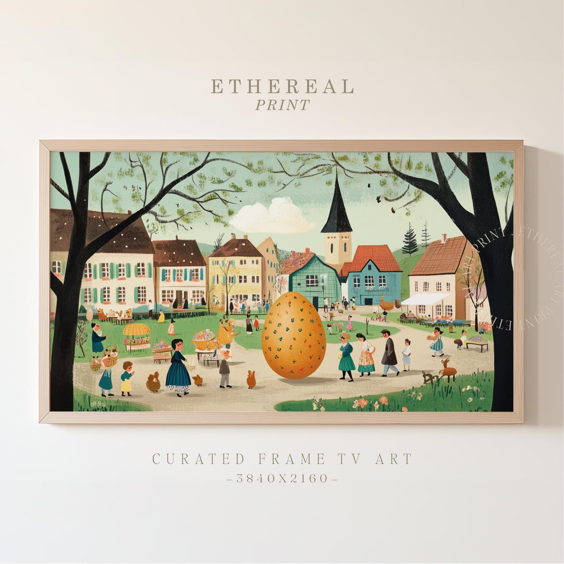 Village Green Giant Orange Easter Egg Spring Market Folk Art Print