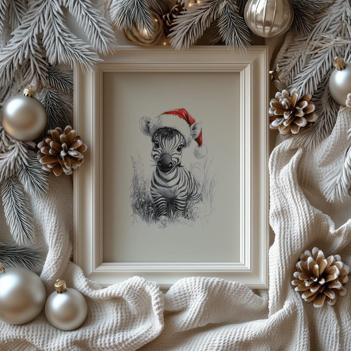 Cute Baby Zebra With Santa Hat Sketch Neutral Christmas Nursery Wall Decor Vintage Winter Wall Art Zebra Drawing Prints - Image 3