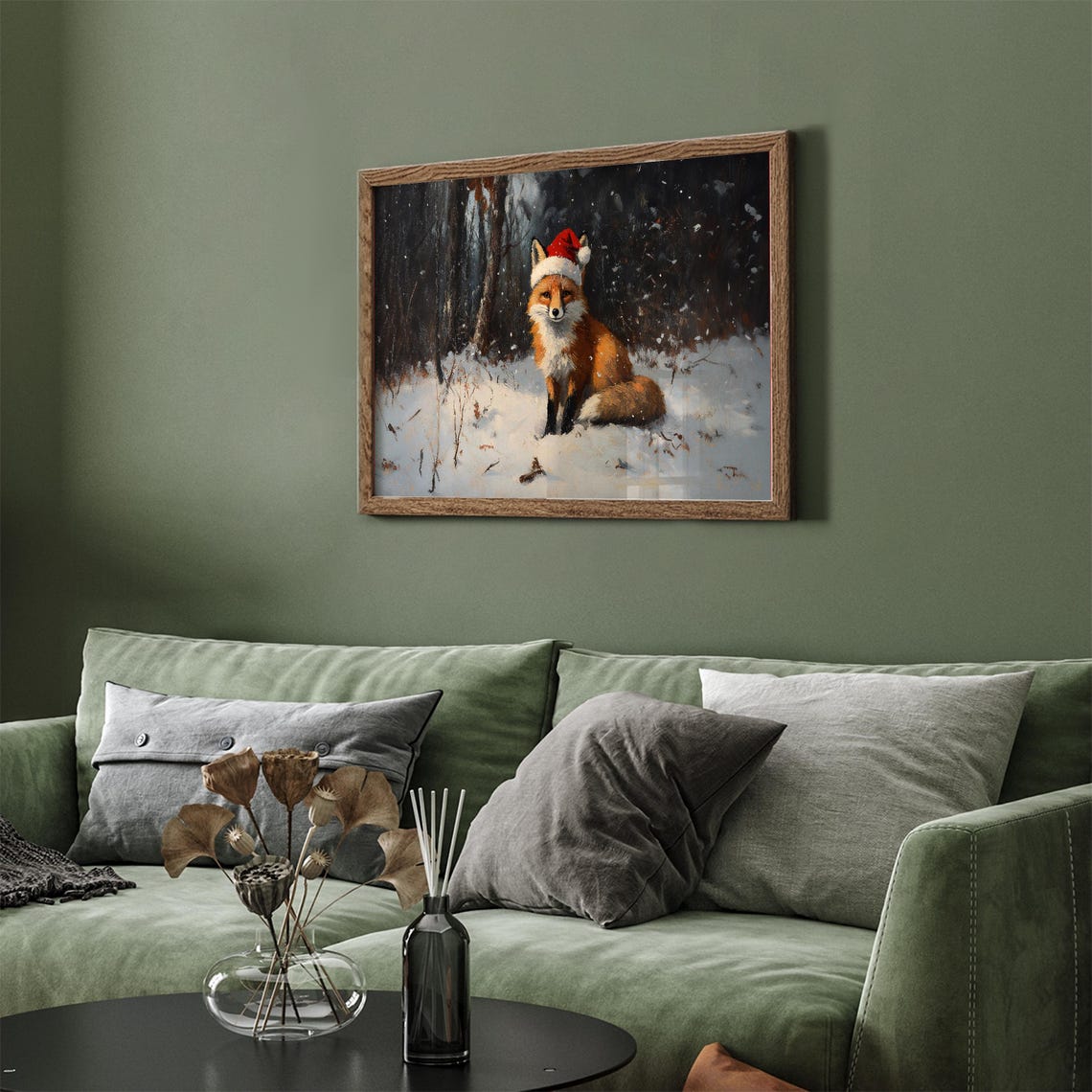 Red Fox Santa Hat Snowy Winter Forest Christmas Animal Wall Art - Image 3