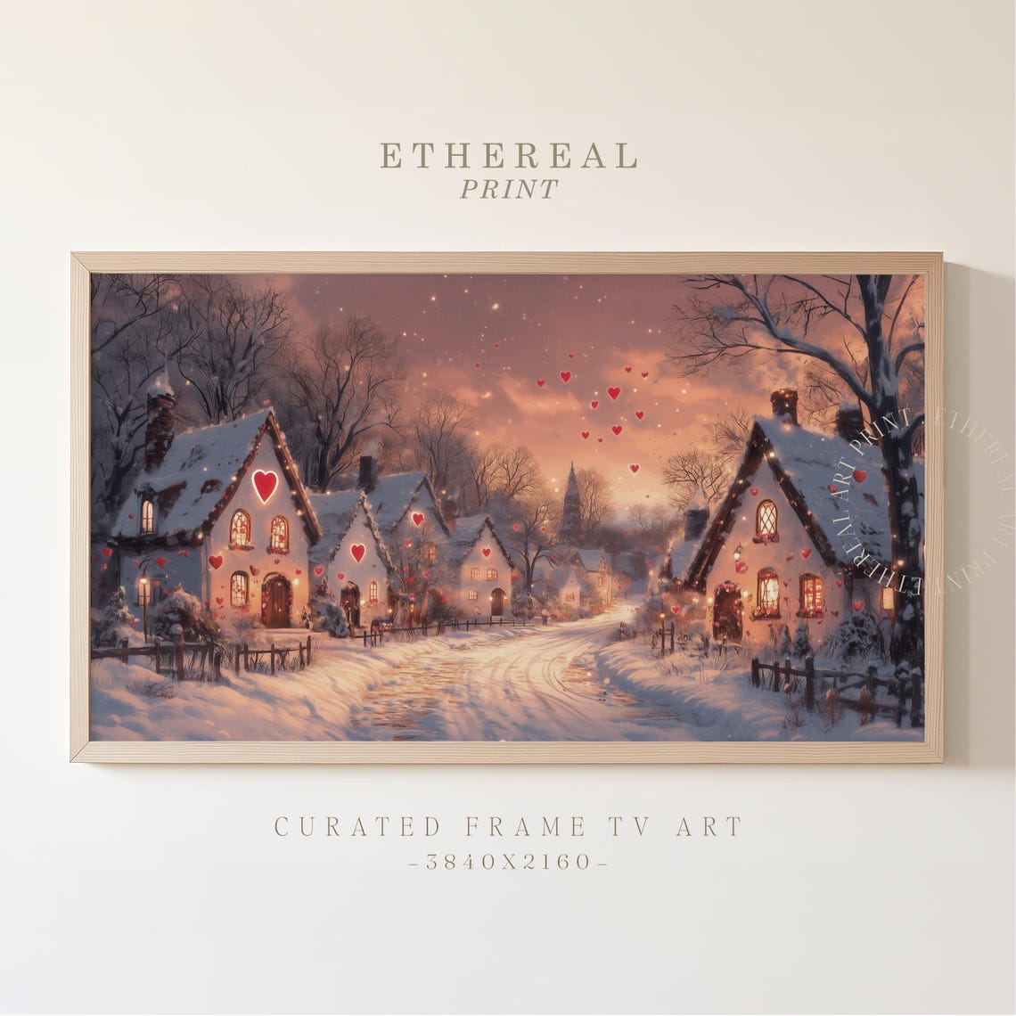 Snowy Village At Sunset With Floating Hearts Winter Romance Wall Art