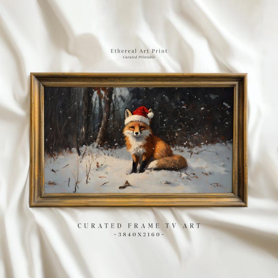 Cute Fox In Santa Hat Painting Frame Tv Art Nursery Christmas Decor Vintage Fox In Snow Oil Painting Frame Tv Xmas Screensaver