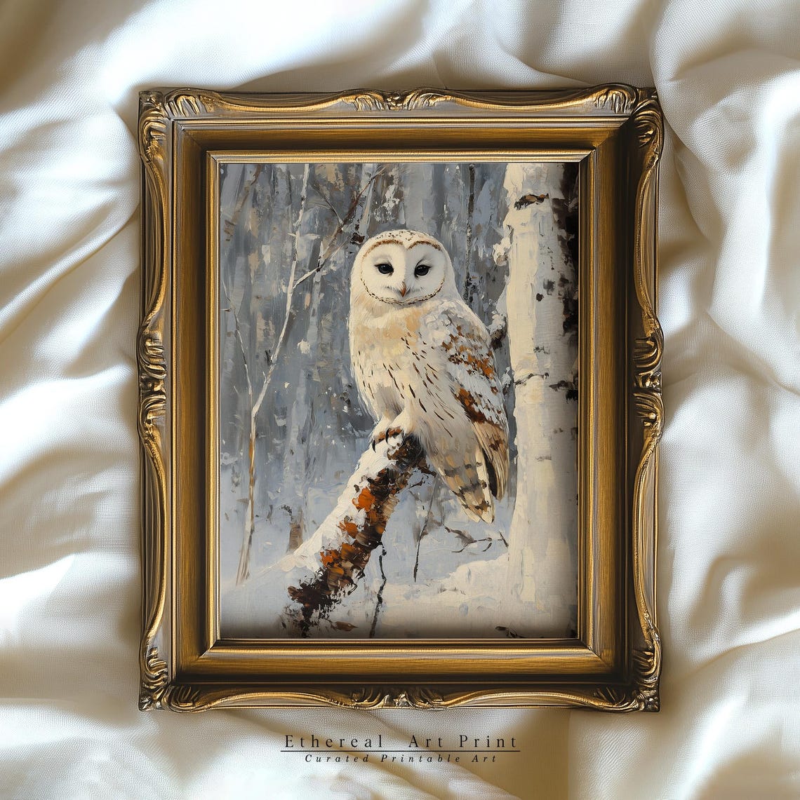 Graceful White Owl Perched Snowy Branch Winter Forest Wall Art - Image 2