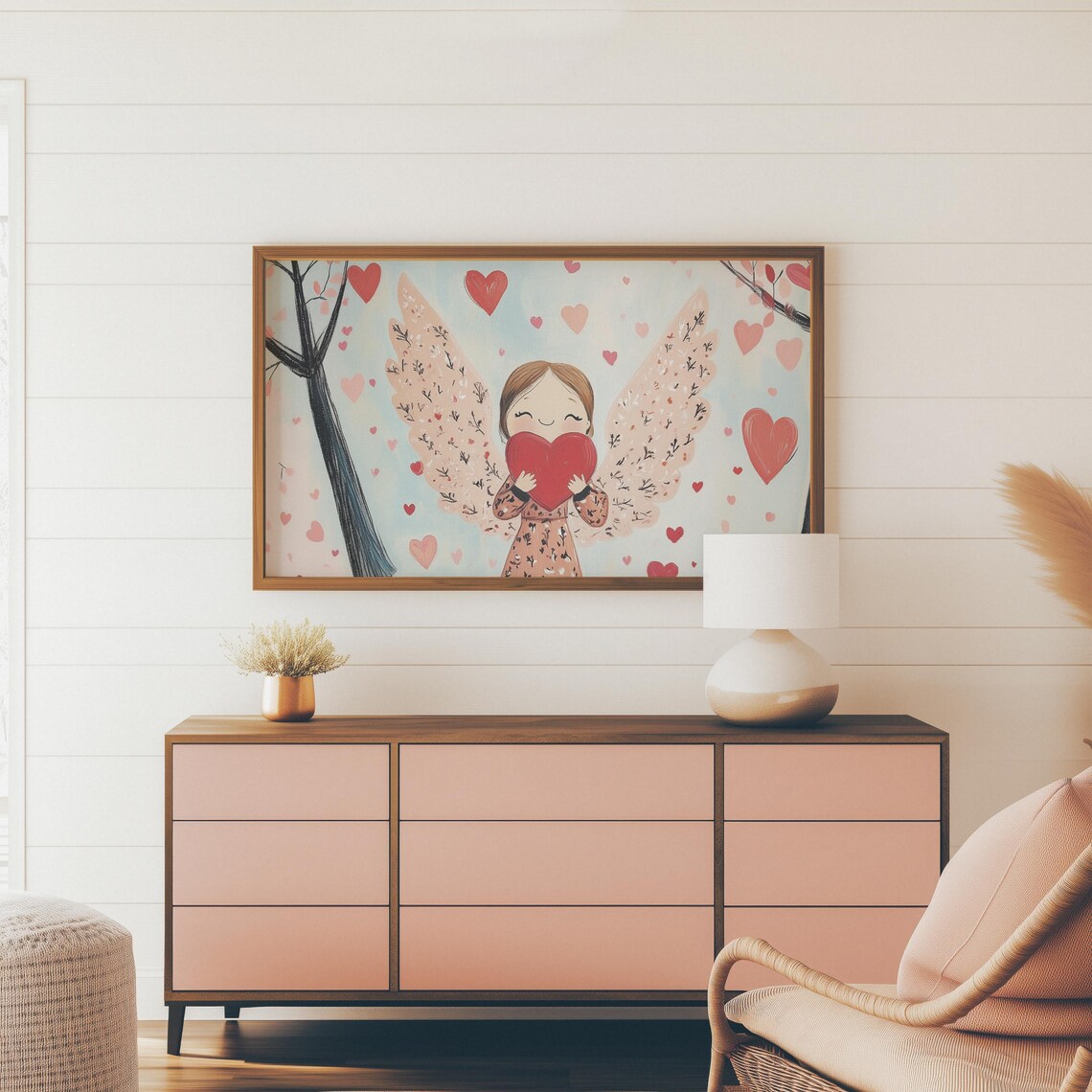 Sweet Angel Girl With Blossom Wings Holding Red Heart Art Print - Image 4