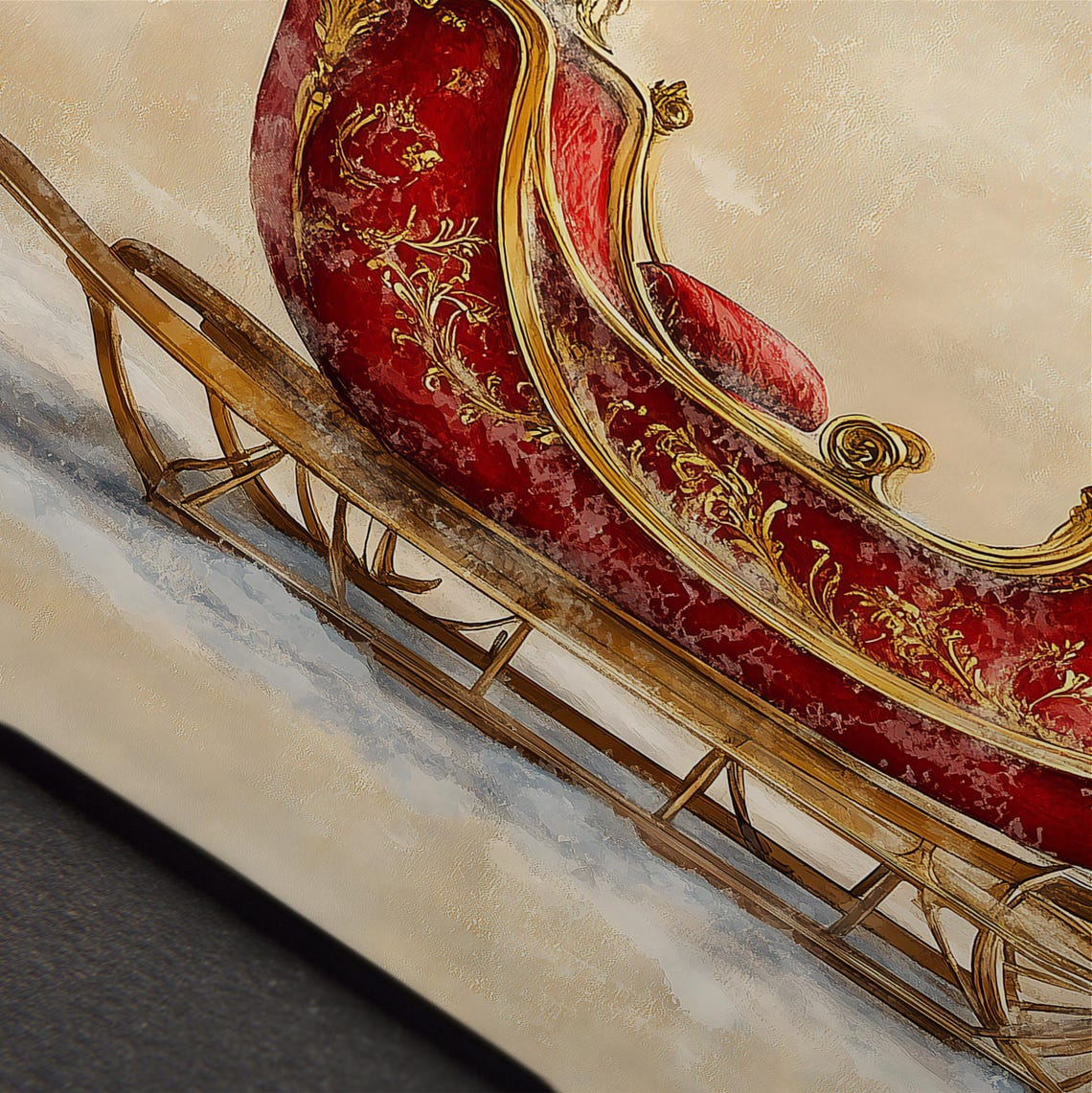 Vintage Red Gold Ornate Christmas Sleigh Snow Painting Wall Art - Image 4