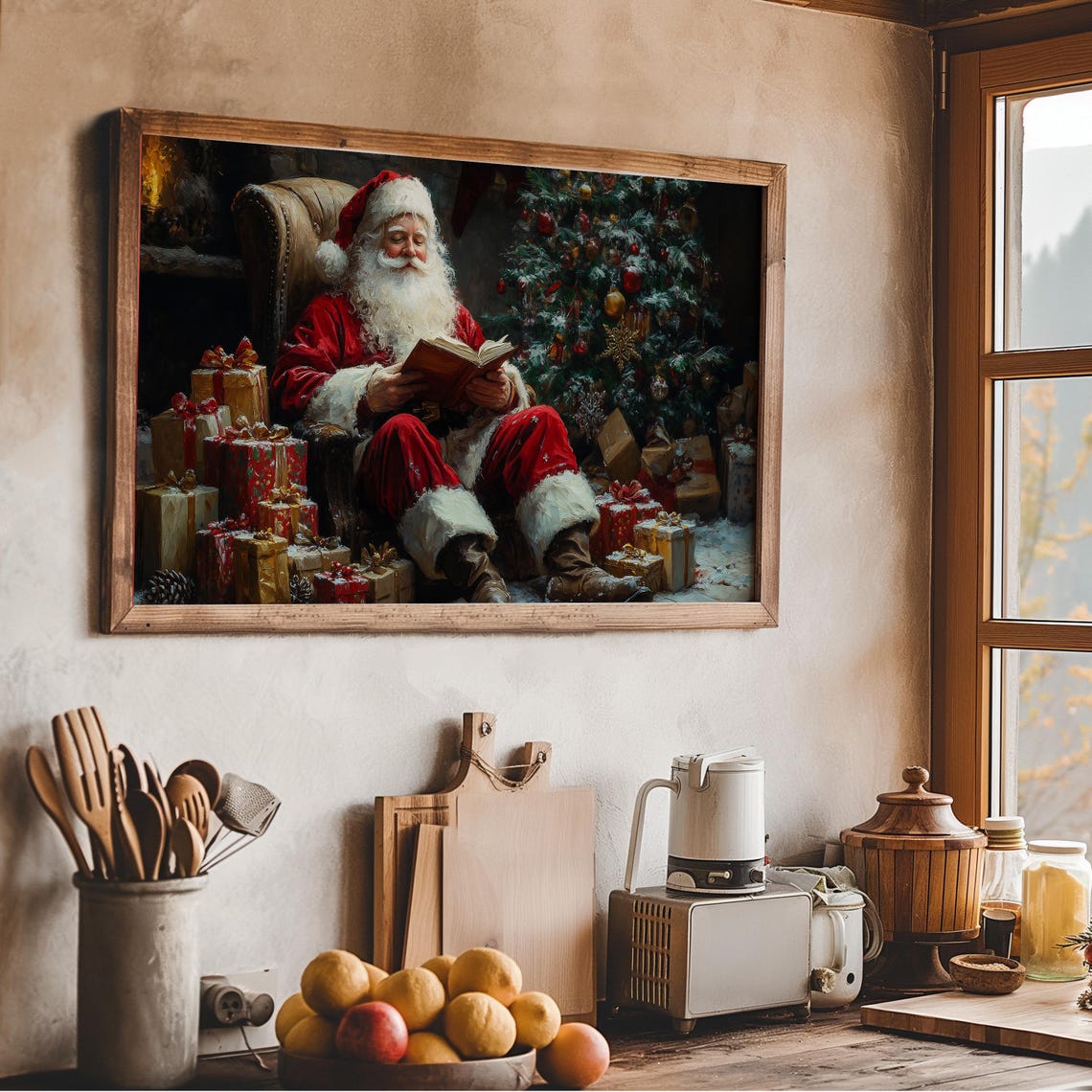 Santa Claus Reading Book By Christmas Tree Cozy Painting Wall Art - Image 4